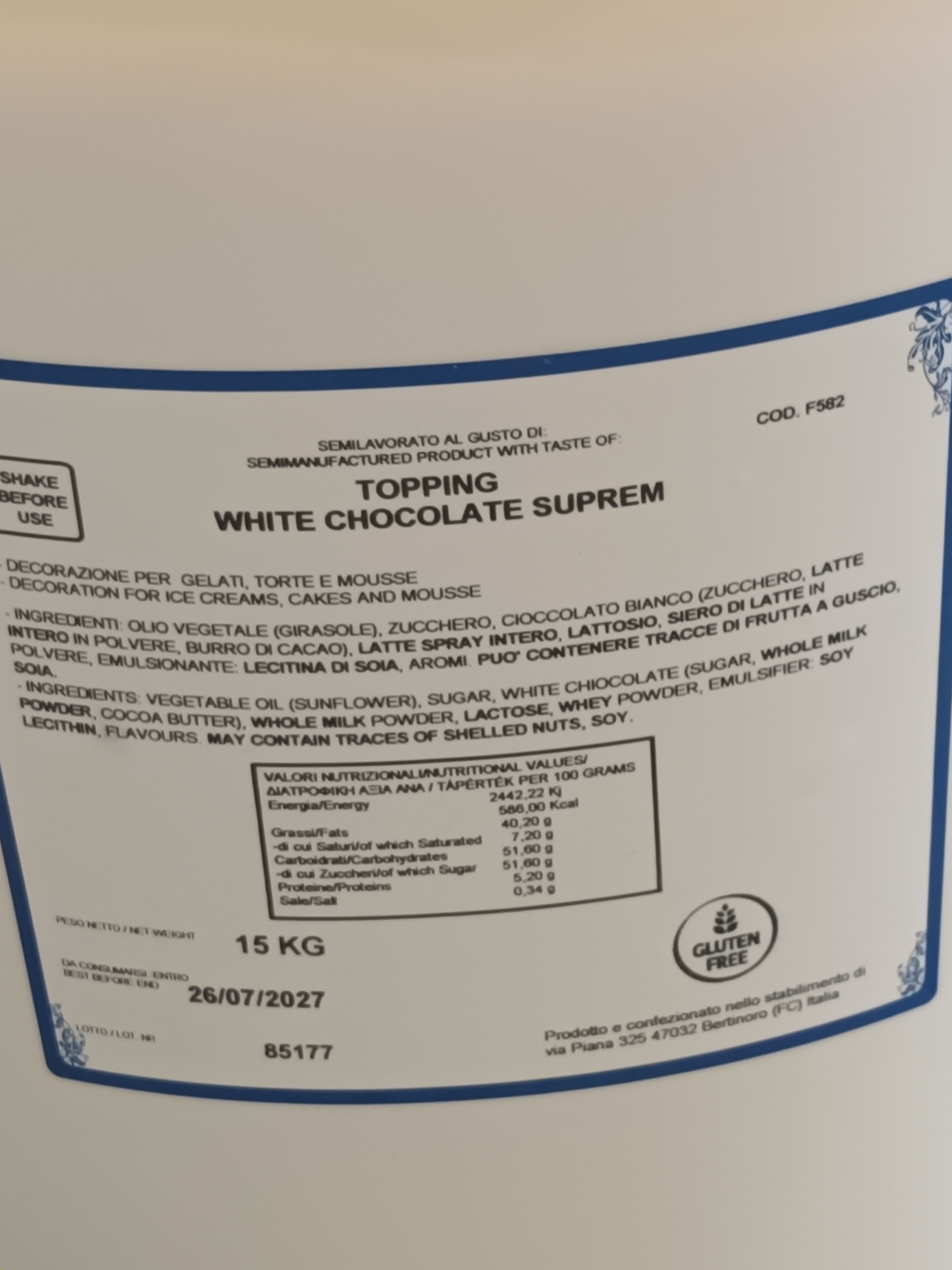 15KG WHITE CHOC TOPPING SAUCE F582